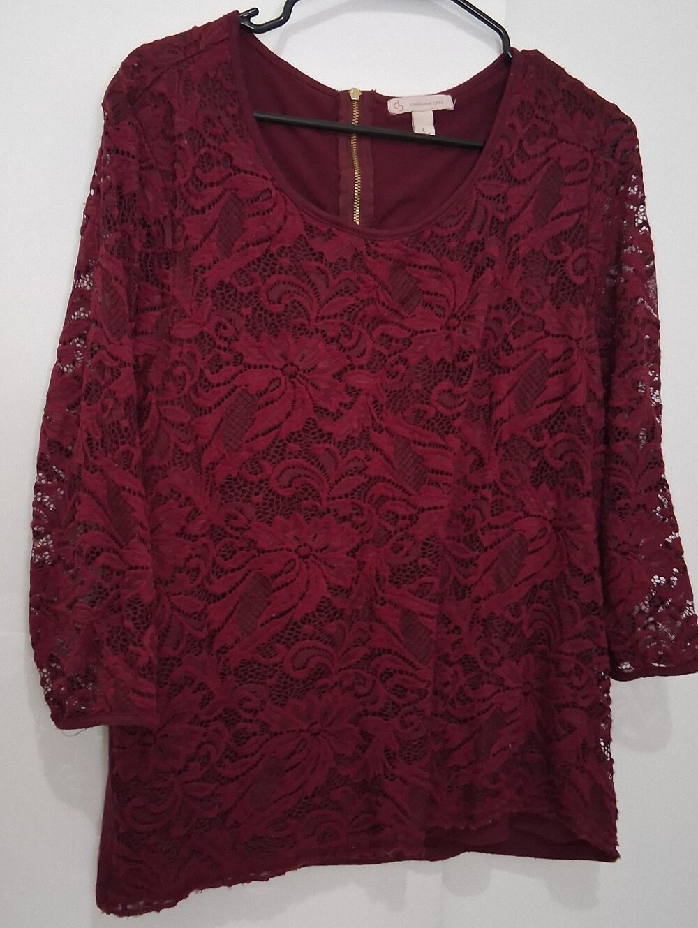 Cato Wine Lace Overlay 3/4 Sleeve Top Size Large